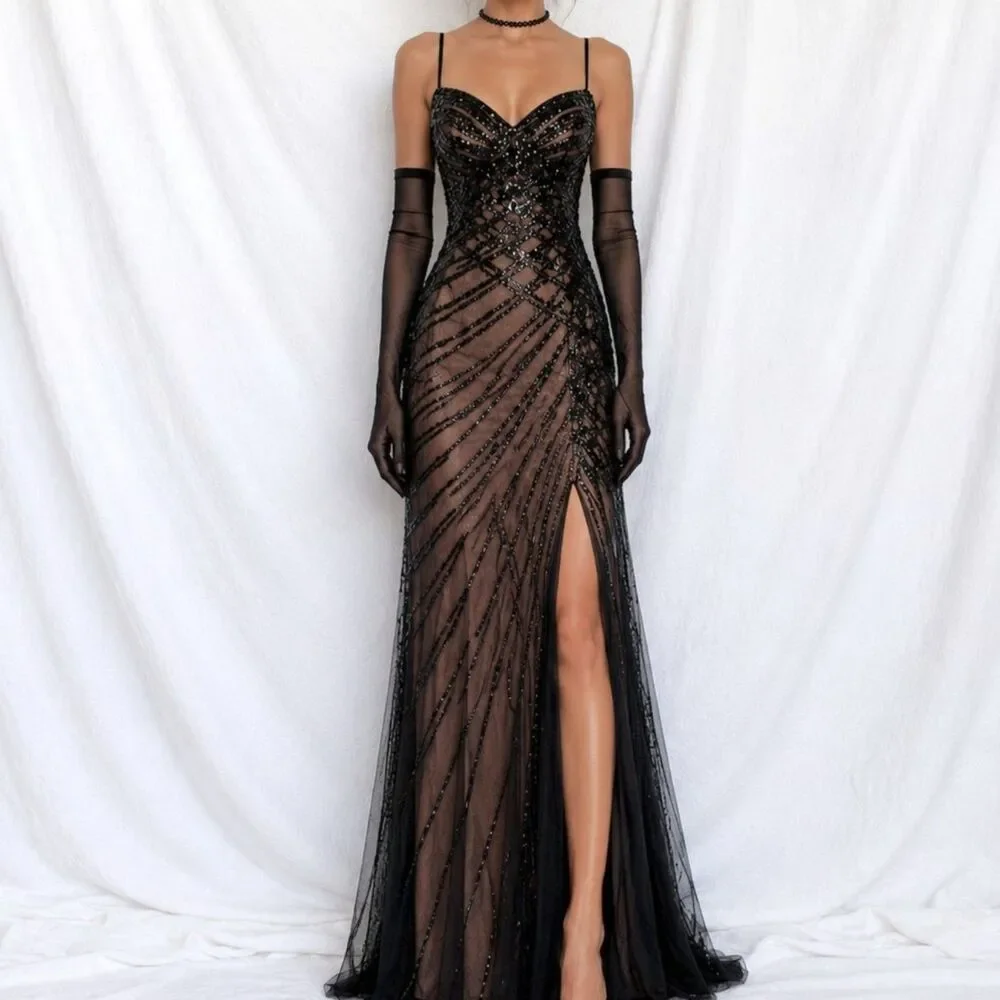 Vintage Y2K Brown Black Beaded Mesh Maxi Bodycon Side Slit Prom Dress Size M/L